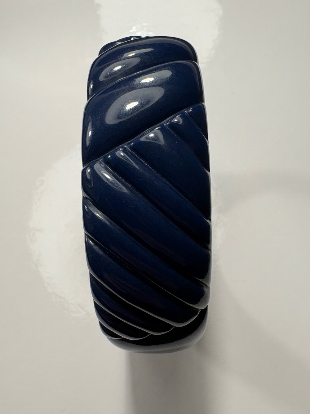 Vintage Navy Blue Carved Lucite Bangle Bracelet Made in Hong Kong Quilted Wavy